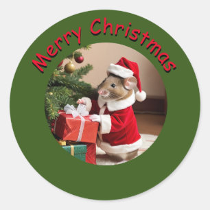 Rond Sticker - Souris Père Noël