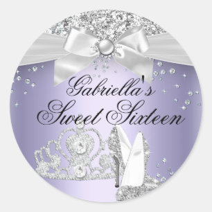 Rond Sticker Sparkle Tiara & Heels Purple Sweet 16