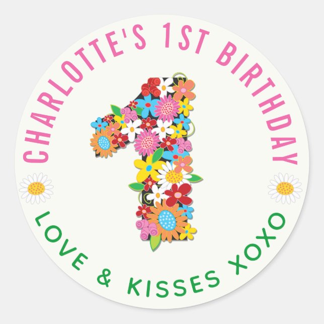 Rond Sticker Spring Flowers One Girl 1st Birthday Party (Devant)