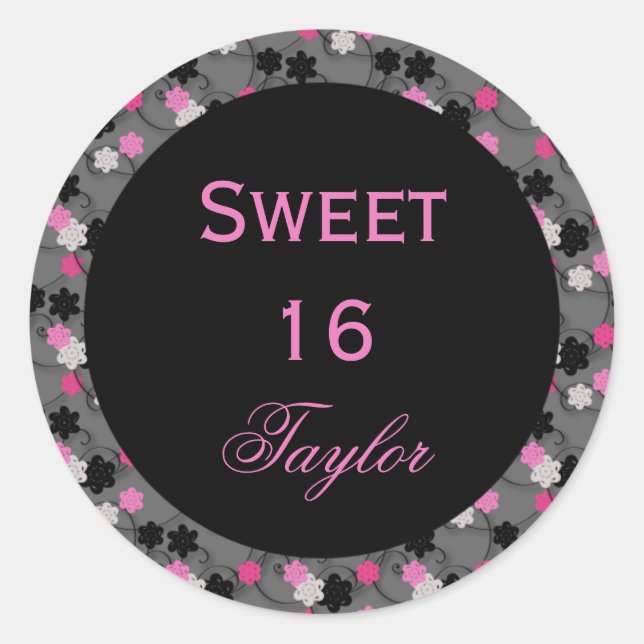 Rond Sticker Sweet 16 rose et noir (Devant)