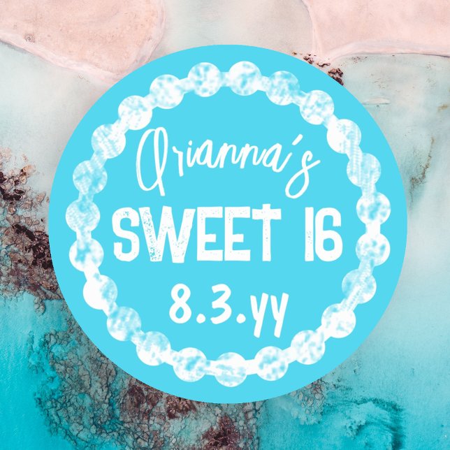 Rond Sticker Sweet 16 Turquoise Party Favor (Turquoise white round border sweet 16 stickers, sweet sixteen party favor stickers )