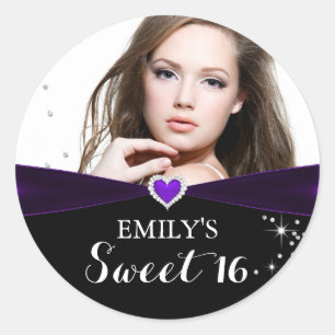 Rond Sticker Sweet sixteen photo au coeur pourpre