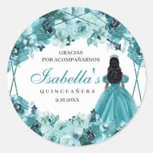 Rond Sticker turquoise Floral Quinceanera Classic Round