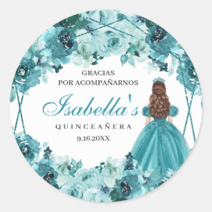 Rond Sticker turquoise Floral Quinceanera Classic Round