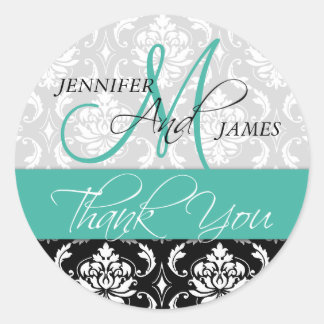 Rond Sticker Turquoise Green Black Mariage damassé Favo