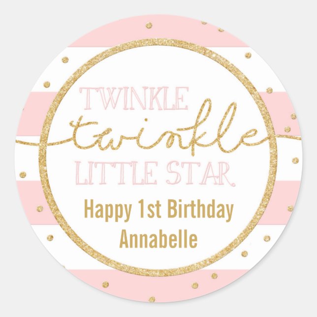 Rond Sticker Twinkle rose et or pour anniversaire (Devant)