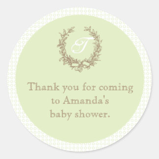 Rond Sticker Vert Baby shower Monogramme Français Favor
