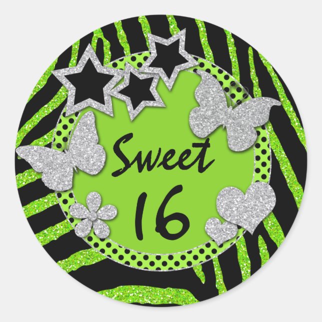 Rond Sticker Vert Noir Argent FAUX Parties scintillant  (Devant)