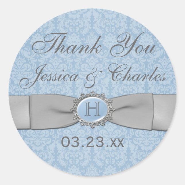 Rond Sticker vintage bleu, gris Mariage damassé Favour (Devant)