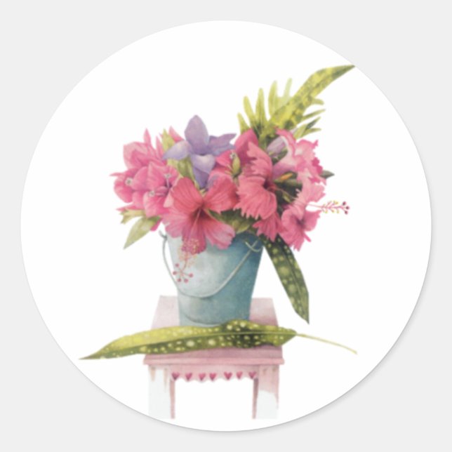Rond Sticker vintage Fleurs Roses dans Bucket (Devant)