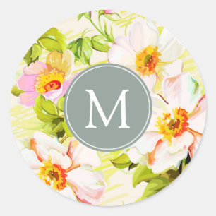 Rond Sticker vintage Floral Rose Peonies Monogramme R
