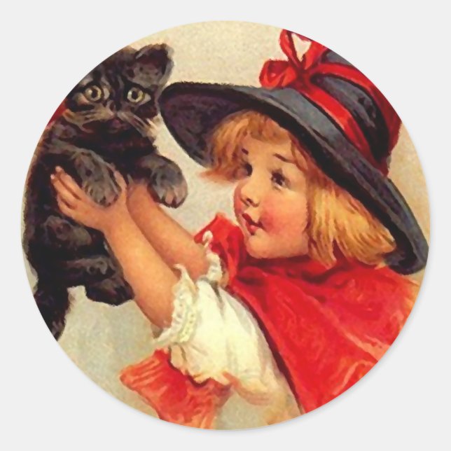 Rond Sticker Vintage Halloween Black Kitten Lil Witch (Devant)
