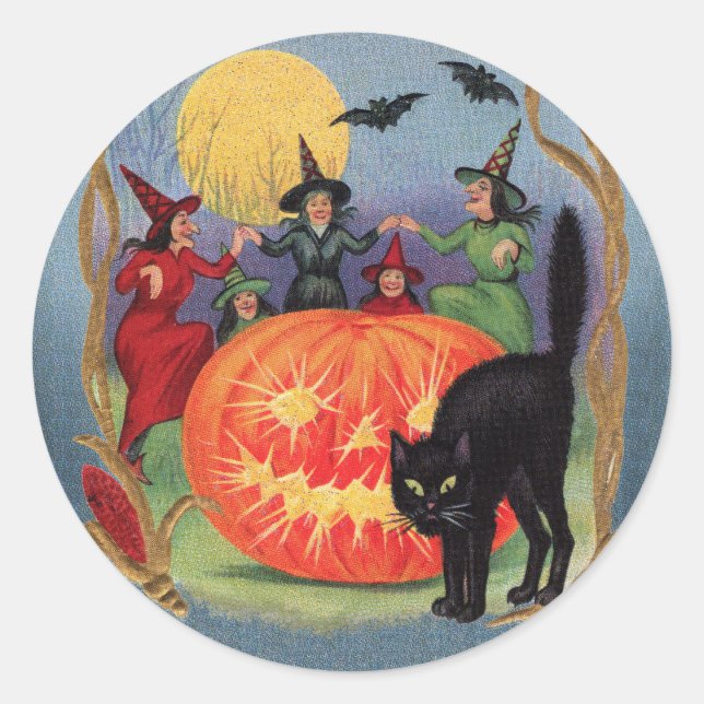 Rond Sticker vintage Halloween Sorcières de danse (Devant)
