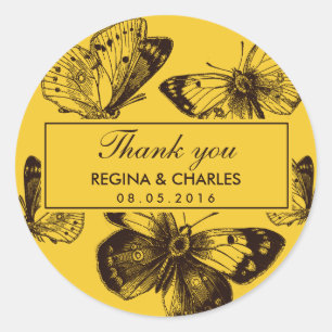 Rond Sticker vintage Mariage papillon jaune Merci