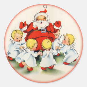 Rond Sticker Vintage Noël Père Noël et Angels