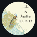 Rond Sticker vintage Peacock Lagoon Damask<br><div class="desc">Vintage Peacock Lagoon Endive Damask Weddings Black and Gold Mariage damassé set More Birds & Swirls Coral Swan Mariage damassé Numéros de tableau Inséparable Swan Damask Beautiful Coral Lavender Birch Tree Mariages Chêne Tree Wedding Invitations -Brown Tree Wedding Invitations and Monogram Response Card Tree Wedding Invitations for Activists Nature Lover...</div>