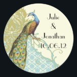 Rond Sticker vintage Peacock Lagoon Damask<br><div class="desc">Vintage Peacock Lagoon Endive Damask Weddings Black and Gold Mariage damassé set More Birds & Swirls Coral Swan Mariage damassé Numéros de tableau Inséparable Swan Damask Beautiful Coral Lavender Birch Tree Mariages Chêne Tree Wedding Invitations -Brown Tree Wedding Invitations and Monogram Response Card Tree Wedding Invitations for Activists Nature Lover...</div>