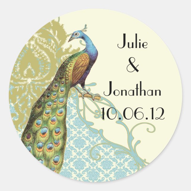 Rond Sticker vintage Peacock Lagoon Damask (Devant)