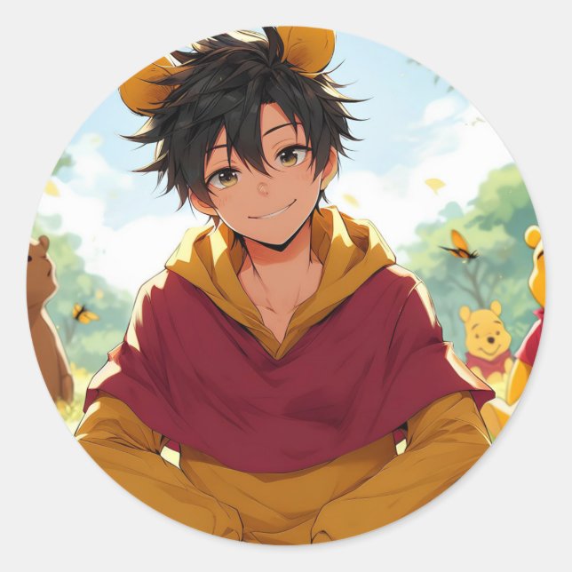 Rond Sticker Winnie the Pooh Anime Guy V12 (Devant)