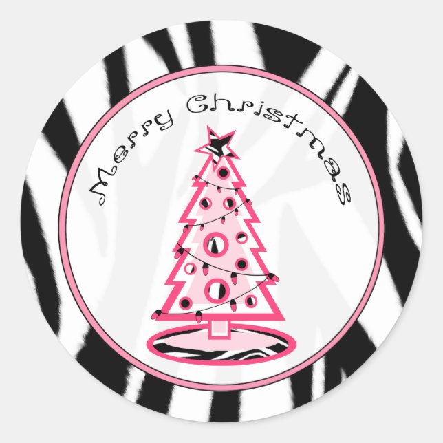 Rond Sticker Zebra Print And Pink Christmas Tree (Devant)