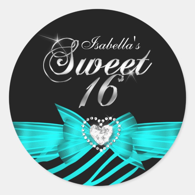 Rond Sweet 16 Seteen Aqua Black Zebra Custom Sticker (Devant)