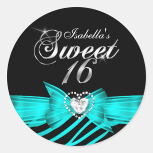 Rond Sweet 16 Seteen Aqua Black Zebra Custom Sticker