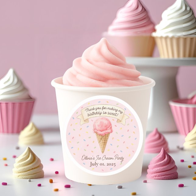 Rond Sweet Ice Cream Party Thank You Sticker | Pink  (Créateur téléchargé)