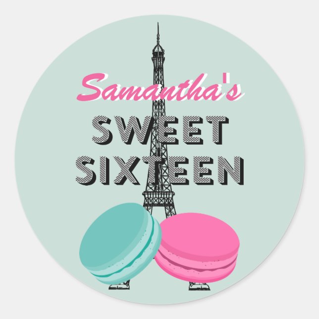 Rond Sweet sixteen Paris Macaron Sticker Anniversaire F (Devant)