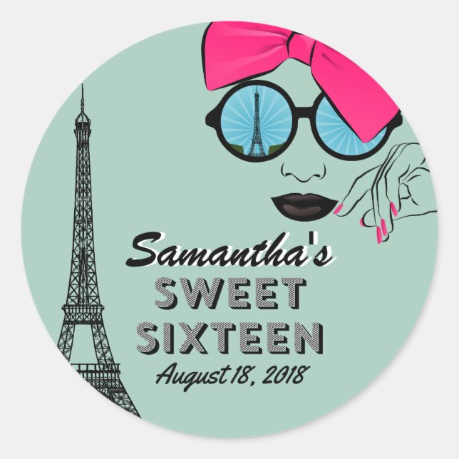 Rond Sweet sixteen Paris Thème Anniversaire Sticker Fav (Devant)