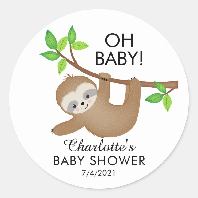 Rond Sweet Sloth OH BÉBÉ Neutre Douche Faveur Sticker (Devant)