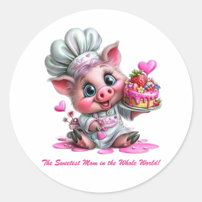 Rond Sweetest Mom Pig Chef Sticker (Devant)