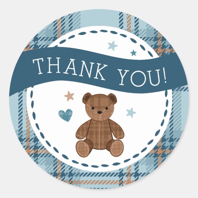Rond Tartan Teddy Bear, Baby Boy Shower LARGE STICKER (Devant)