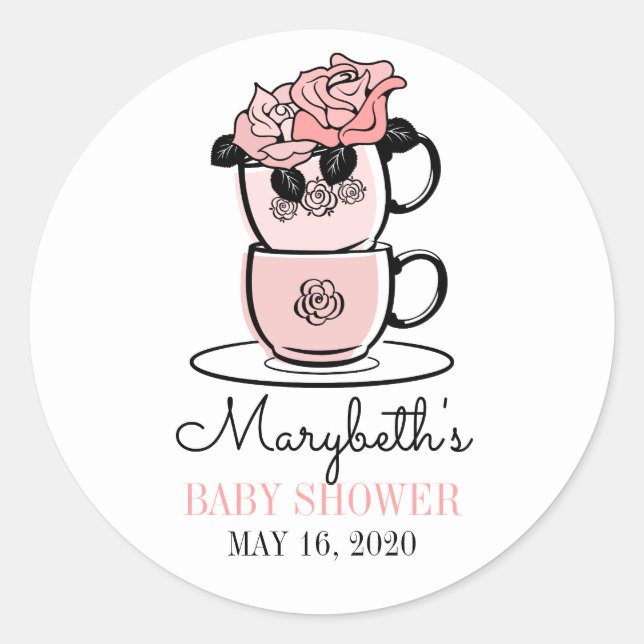 Rond Tea Teacup & Fleurs Baby shower Favoriser Sticker (Devant)