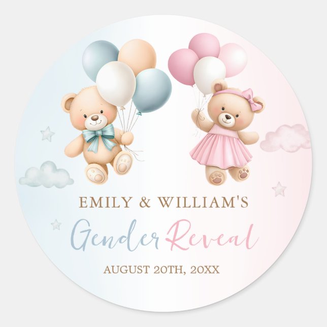 Rond Teddy Bear Balloon Gender Reveal Sticker (Devant)