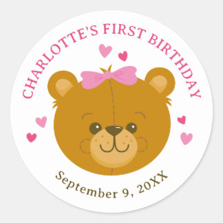 Rond Teddy Bear Girl First Birthday Sticker