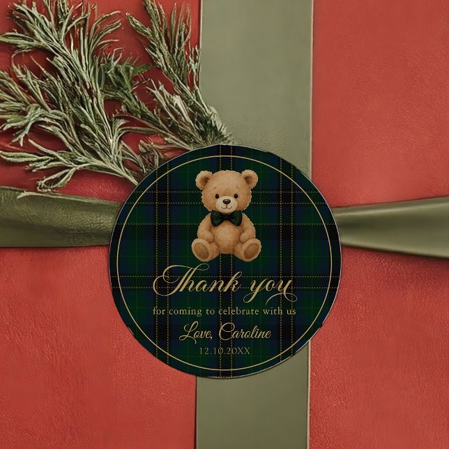 Rond Teddy Bear Green Tartan Baby Shower Sticker (Créateur téléchargé)