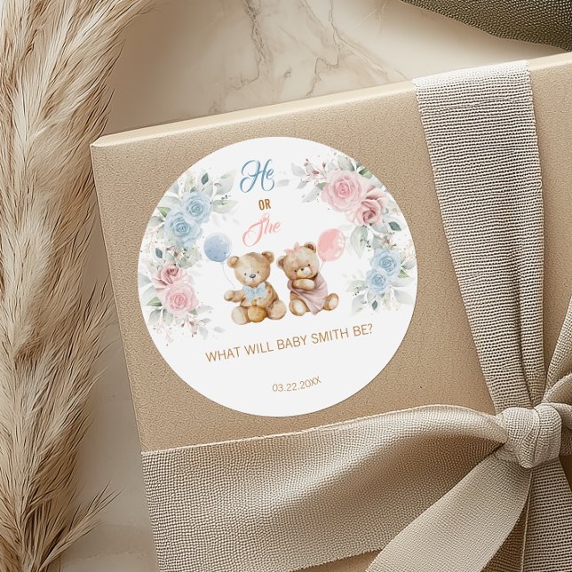 Rond Teddy Bear He or She Gender Reveal Sticker (Créateur téléchargé)