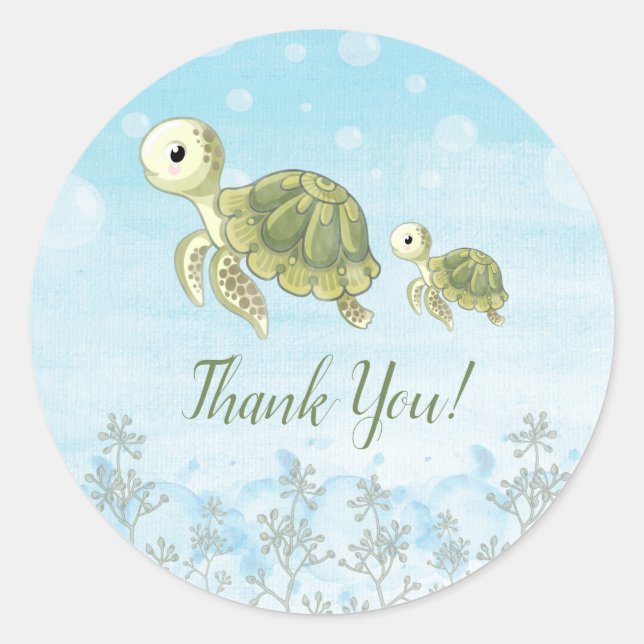 Rond Tortue Bébé Sous La Mer Merci Sticker Faveurs (Devant)