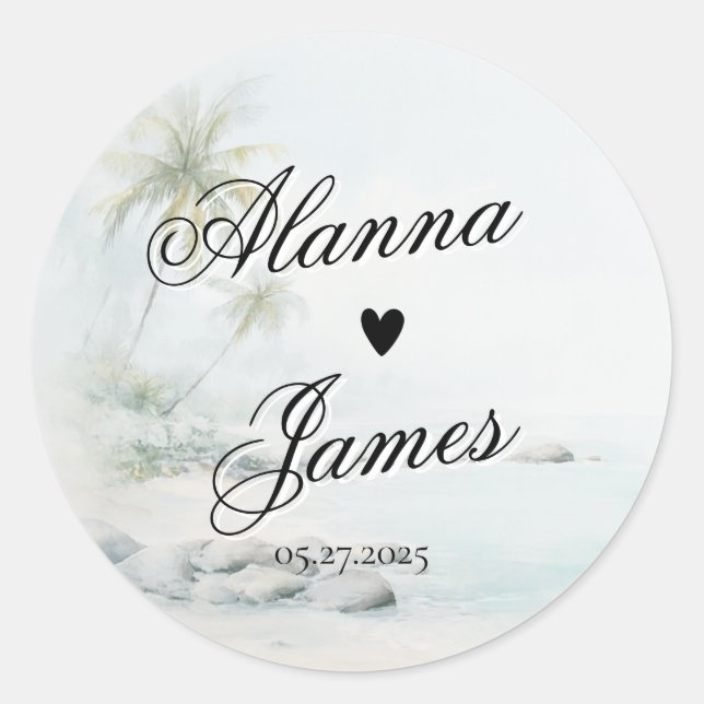 Rond Tropical Watercolor Beach Wedding Sticker (Devant)