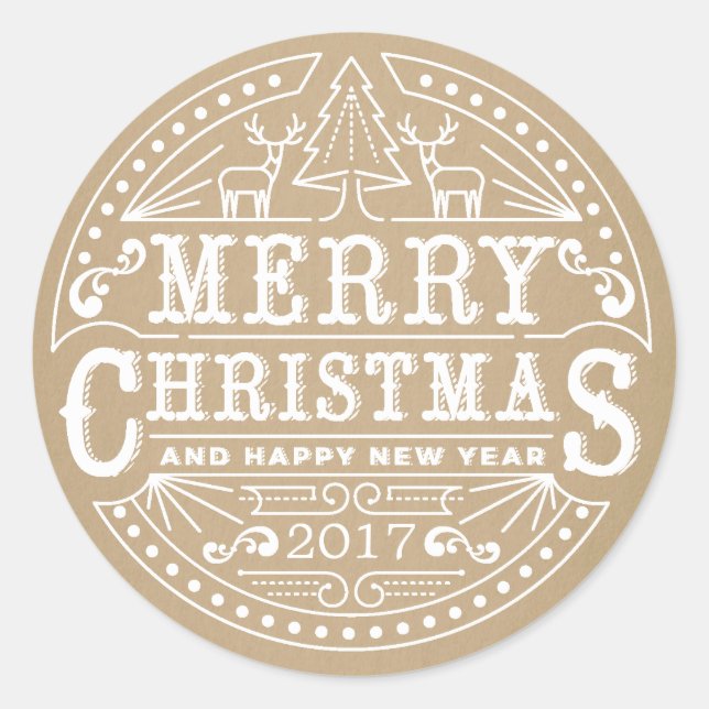 Rond Typographie rustique Kraft Joyeux Sticker de Noël (Devant)