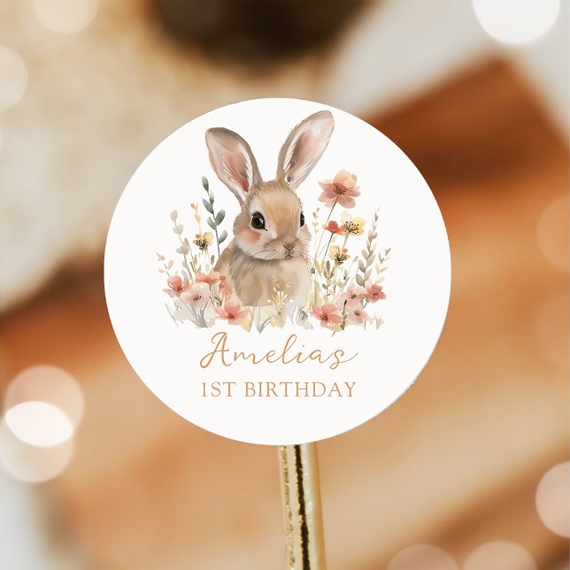 Rond Un Sticker D'Anniversaire Fille Lapin Floral (Créateur téléchargé)