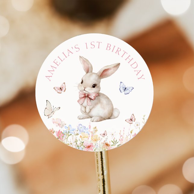 Rond Un Sticker D'Anniversaire Fille Lapin Floral (Créateur téléchargé)