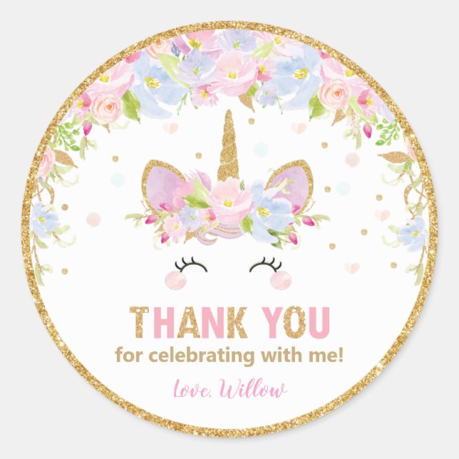 Rond Unicorn Anniversaire Merci Favoriser Sticker Étiqu (Devant)