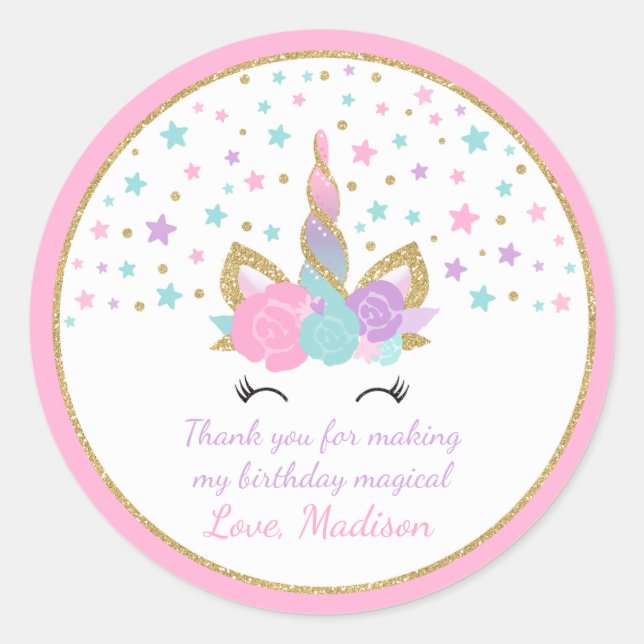 Rond Unicorn rose & Gold Party Favoriser Sticker de bal (Devant)