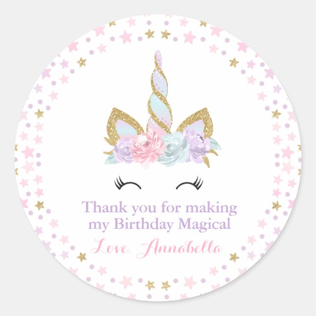 Rond Unicorn rose & Gold Party Favoriser Sticker de bal (Devant)