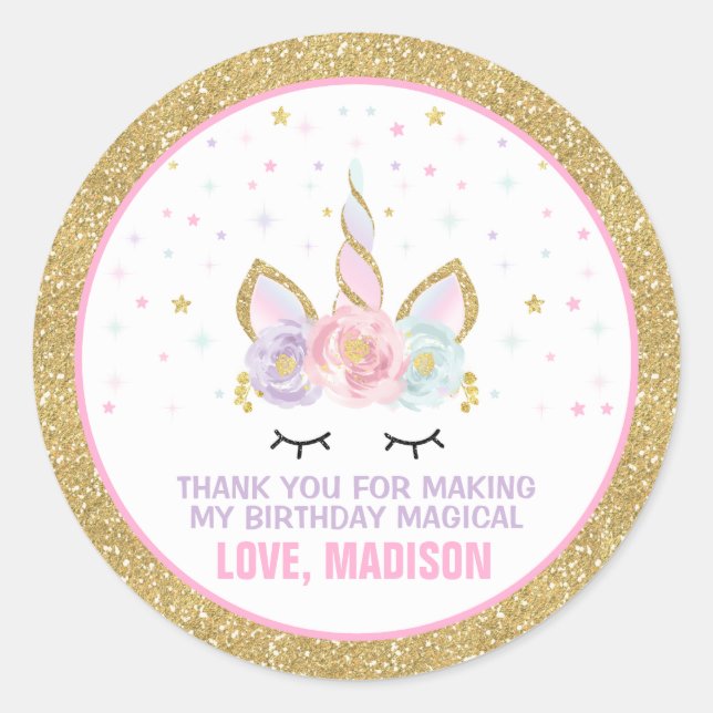 Rond Unicorn rose & Gold Party Favoriser Sticker de bal (Devant)