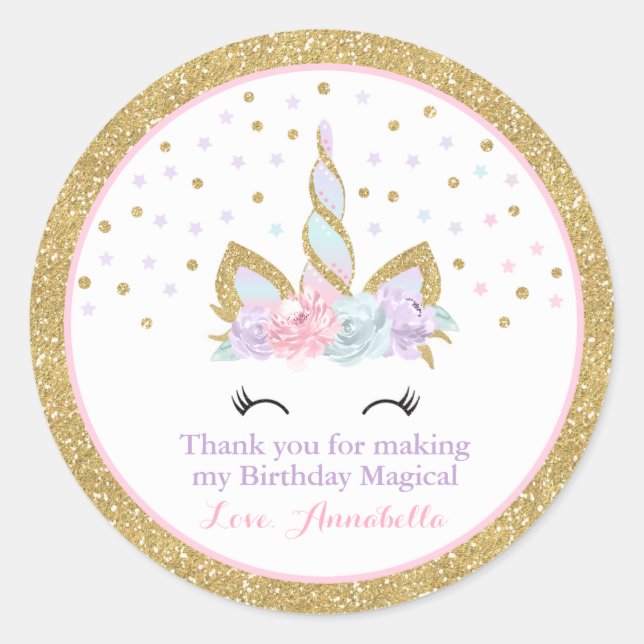Rond Unicorn rose & Gold Party Favoriser Sticker de bal (Devant)