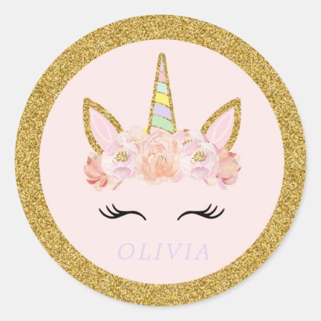 Rond Unicorn rose & Gold Party Favoriser Sticker de bal (Devant)