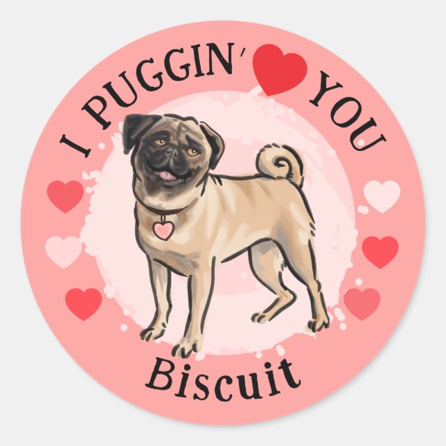 Rond Valentines Pug love pink hearts sticker set (Devant)