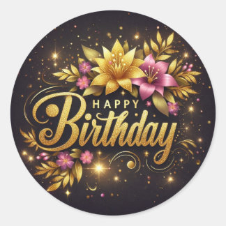 Rond Vibrant black floral birthday sticker 